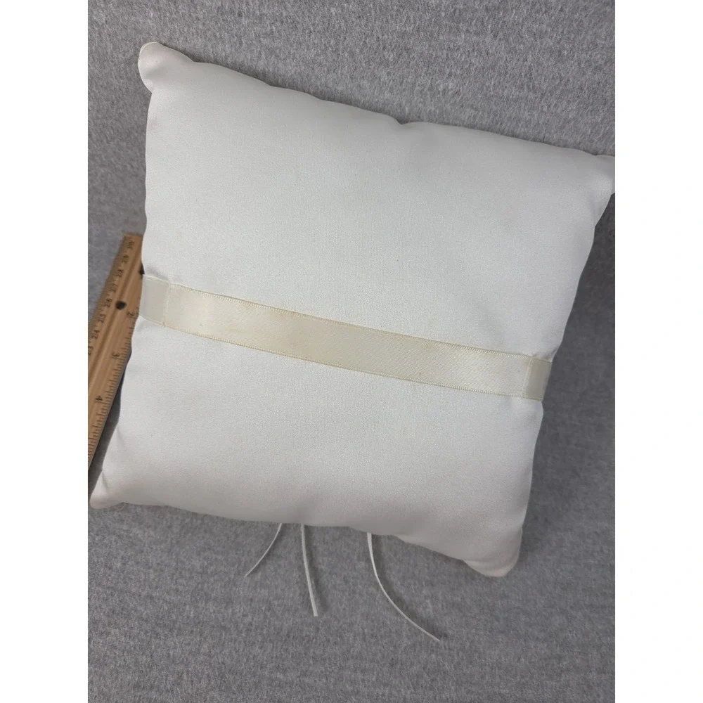 Ivory Satin Crystal Beaded Gems Wedding Ring Bearer Pillow Faux Pearl Accent